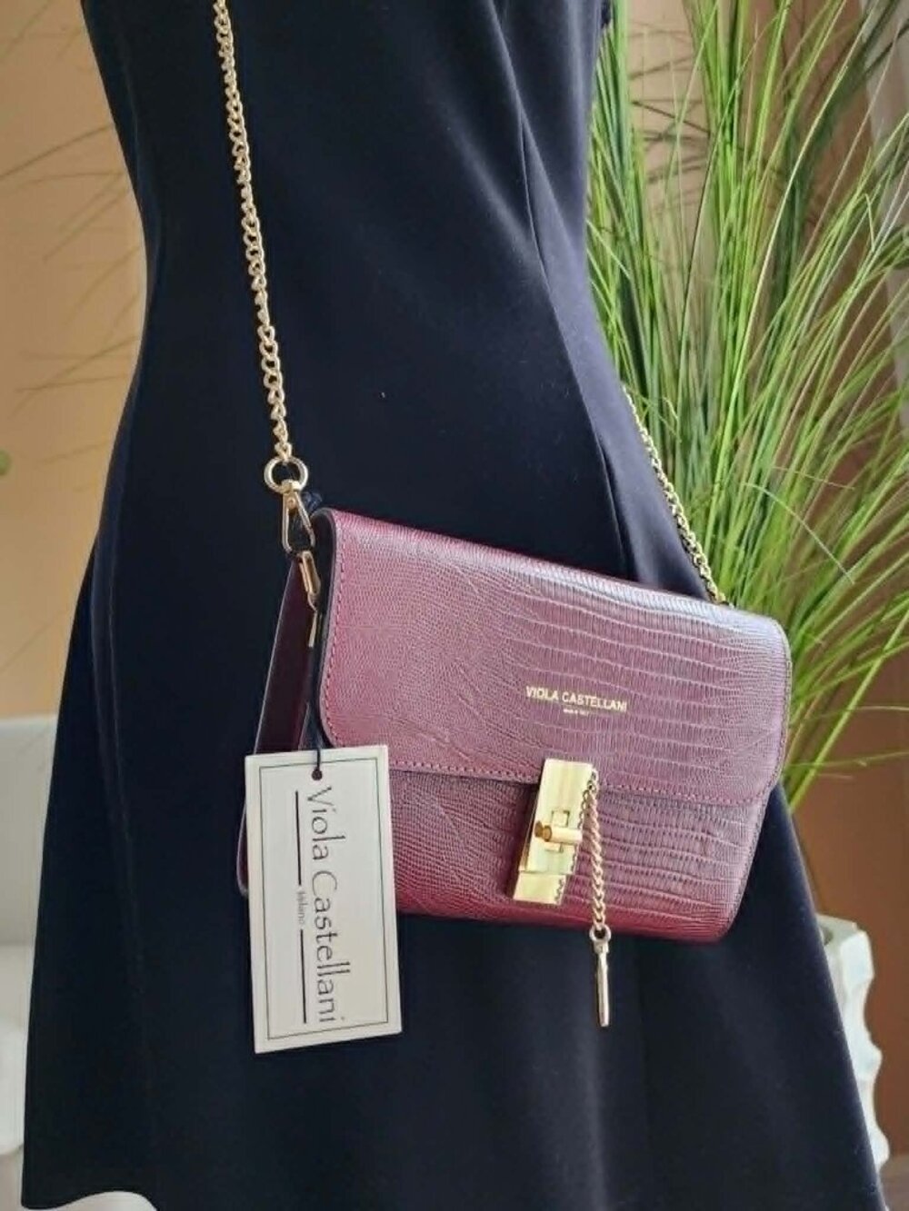 NWT Viola Castellani Milano Red Leather Chain Clutch Crossbody Made in Italy